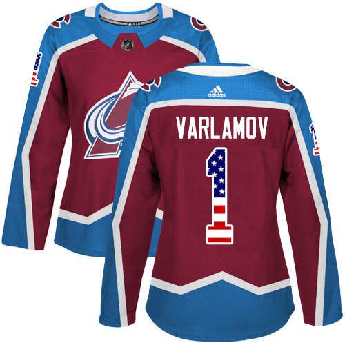 Adidas Avalanche #1 Semyon Varlamov Burgundy Home Authentic USA Flag Women's Stitched NHL Jersey - Click Image to Close